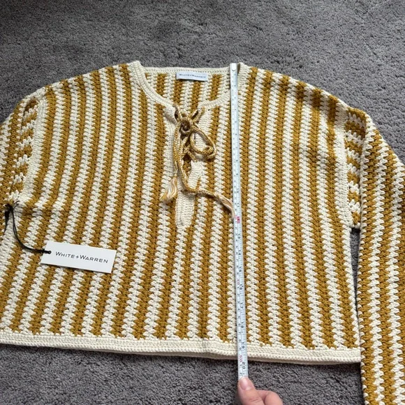 White + Warren Mustard and Cream Fine Cotton Crochet Sweater Top